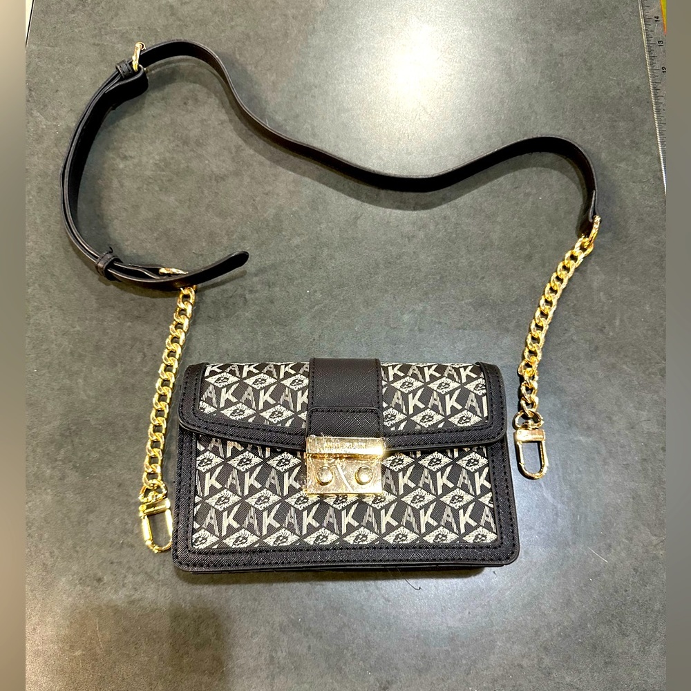 Anne Klein Small Flap Ak Cube Logo Crossbody black grey gray white gold hardware